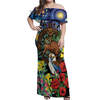 Kiwi-Kookaburra Bird ANZAC Personalised Off Shoulder Maxi Dress Aussie Golden Wattle Poppy Flowers LT9 Women Blue - Polynesian Pride