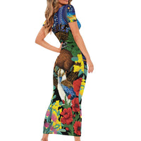 Kiwi-Kookaburra Bird ANZAC Personalised Short Sleeve Bodycon Dress Aussie Golden Wattle Poppy Flowers LT9 - Polynesian Pride
