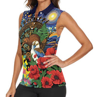 Kiwi-Kookaburra Bird ANZAC Personalised Women Sleeveless Polo Shirt Aussie Golden Wattle Poppy Flowers LT9 - Polynesian Pride