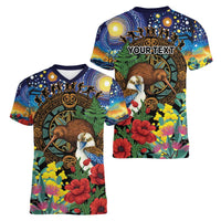 Kiwi-Kookaburra Bird ANZAC Personalised Women V-Neck T-Shirt Aussie Golden Wattle Poppy Flowers LT9 - Polynesian Pride