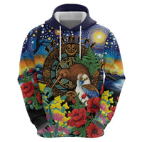 Kiwi-Kookaburra Bird ANZAC Personalised Zip Hoodie Aussie Golden Wattle Poppy Flowers LT9 - Polynesian Pride