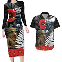 Kiwi-Tui Bird Soldier ANZAC Day Personalised Couples Matching Long Sleeve Bodycon Dress and Hawaiian Shirt Maori Silver Fern Motif LT9 Black - Polynesian Pride