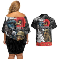 Kiwi-Tui Bird Soldier ANZAC Day Personalised Couples Matching Off Shoulder Short Dress and Hawaiian Shirt Maori Silver Fern Motif LT9 - Polynesian Pride
