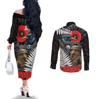 Kiwi-Tui Bird Soldier ANZAC Day Personalised Couples Matching Off The Shoulder Long Sleeve Dress and Long Sleeve Button Shirt Maori Silver Fern Motif LT9 - Polynesian Pride