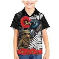 Kiwi-Tui Bird Soldier ANZAC Day Personalised Family Matching Mermaid Dress and Hawaiian Shirt Maori Silver Fern Motif LT9 Son's Shirt Black - Polynesian Pride