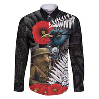 Kiwi-Tui Bird Soldier ANZAC Day Personalised Family Matching Off Shoulder Maxi Dress and Hawaiian Shirt Maori Silver Fern Motif LT9 Dad's Shirt - Long Sleeve Black - Polynesian Pride