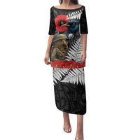 Kiwi-Tui Bird Soldier ANZAC Day Personalised Family Matching Puletasi and Hawaiian Shirt Maori Silver Fern Motif LT9 Mom's Dress Black - Polynesian Pride