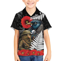 Kiwi-Tui Bird Soldier ANZAC Day Personalised Family Matching Tank Maxi Dress and Hawaiian Shirt Maori Silver Fern Motif LT9 Son's Shirt Black - Polynesian Pride