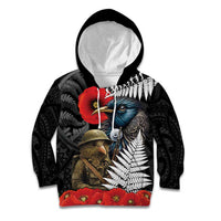 Kiwi-Tui Bird Soldier ANZAC Day Personalised Kid Hoodie Maori Silver Fern Motif LT9 Hoodie Black - Polynesian Pride