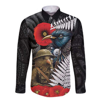 Kiwi-Tui Bird Soldier ANZAC Day Personalised Long Sleeve Button Shirt Maori Silver Fern Motif LT9 Unisex Black - Polynesian Pride