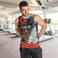 Kiwi-Tui Bird Soldier ANZAC Day Personalised Men Tank Top Maori Silver Fern Motif LT9 Black - Polynesian Pride