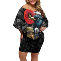 Kiwi-Tui Bird Soldier ANZAC Day Personalised Off Shoulder Short Dress Maori Silver Fern Motif LT9 Women Black - Polynesian Pride