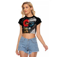 Kiwi-Tui Bird Soldier ANZAC Day Personalised Raglan Cropped T Shirt Maori Silver Fern Motif LT9 Female Black - Polynesian Pride