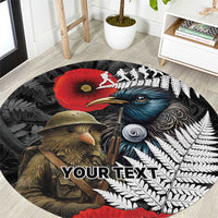 Kiwi-Tui Bird Soldier ANZAC Day Personalised Round Carpet Maori Silver Fern Motif LT9 Black - Polynesian Pride