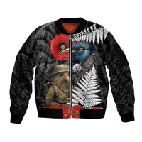 Kiwi-Tui Bird Soldier ANZAC Day Personalised Sleeve Zip Bomber Jacket Maori Silver Fern Motif LT9 Unisex Black - Polynesian Pride