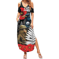 Kiwi-Tui Bird Soldier ANZAC Day Personalised Summer Maxi Dress Maori Silver Fern Motif LT9 Women Black - Polynesian Pride