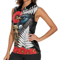 Kiwi-Tui Bird Soldier ANZAC Day Personalised Women Sleeveless Polo Shirt Maori Silver Fern Motif LT9 - Polynesian Pride