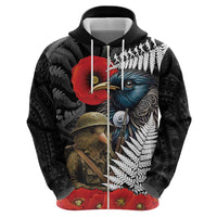 Kiwi-Tui Bird Soldier ANZAC Day Personalised Zip Hoodie Maori Silver Fern Motif LT9 - Polynesian Pride