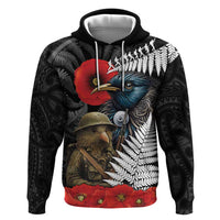 Kiwi-Tui Bird Soldier ANZAC Day Personalised Zip Hoodie Maori Silver Fern Motif LT9 Pullover Hoodie Black - Polynesian Pride