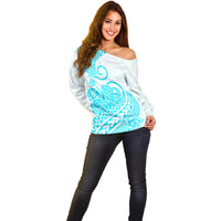 Polynesian Off Shoulder Sweater Tribal Tattoo Aqua Screen Color LT9 - Polynesian Pride