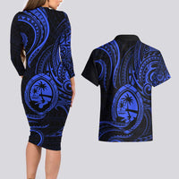 Polynesian Guam Coat of Arms Couples Matching Long Sleeve Bodycon Dress and Hawaiian Shirt Polynesian Tribal Tattoo Blue Version LT9 - Polynesian Pride