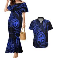 Polynesian Guam Coat of Arms Couples Matching Mermaid Dress and Hawaiian Shirt Polynesian Tribal Tattoo Blue Version LT9 Blue - Polynesian Pride