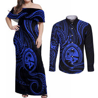Polynesian Guam Coat of Arms Couples Matching Off Shoulder Maxi Dress and Long Sleeve Button Shirt Polynesian Tribal Tattoo Blue Version LT9 Blue - Polynesian Pride