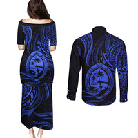 Polynesian Guam Coat of Arms Couples Matching Puletasi and Long Sleeve Button Shirt Polynesian Tribal Tattoo Blue Version LT9 - Polynesian Pride