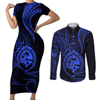 Polynesian Guam Coat of Arms Couples Matching Short Sleeve Bodycon Dress and Long Sleeve Button Shirt Polynesian Tribal Tattoo Blue Version LT9 Blue - Polynesian Pride