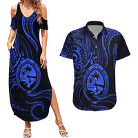 Polynesian Guam Coat of Arms Couples Matching Summer Maxi Dress and Hawaiian Shirt Polynesian Tribal Tattoo Blue Version LT9 Blue - Polynesian Pride