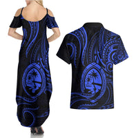 Polynesian Guam Coat of Arms Couples Matching Summer Maxi Dress and Hawaiian Shirt Polynesian Tribal Tattoo Blue Version LT9 - Polynesian Pride