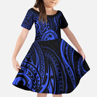 Polynesian Guam Coat of Arms Family Matching Long Sleeve Bodycon Dress and Hawaiian Shirt Polynesian Tribal Tattoo Blue Version LT9 Daughter's Dress Blue - Polynesian Pride