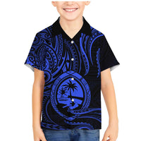 Polynesian Guam Coat of Arms Family Matching Mermaid Dress and Hawaiian Shirt Polynesian Tribal Tattoo Blue Version LT9 Son's Shirt Blue - Polynesian Pride