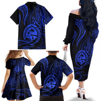 Polynesian Guam Coat of Arms Family Matching Off The Shoulder Long Sleeve Dress and Hawaiian Shirt Polynesian Tribal Tattoo Blue Version LT9 - Polynesian Pride