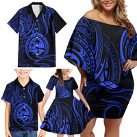 Polynesian Guam Coat of Arms Family Matching Off Shoulder Short Dress and Hawaiian Shirt Polynesian Tribal Tattoo Blue Version LT9 - Polynesian Pride