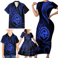 Polynesian Guam Coat of Arms Family Matching Short Sleeve Bodycon Dress and Hawaiian Shirt Polynesian Tribal Tattoo Blue Version LT9 - Polynesian Pride