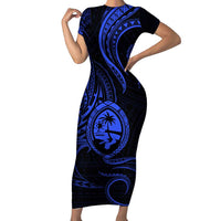 Polynesian Guam Coat of Arms Family Matching Short Sleeve Bodycon Dress and Hawaiian Shirt Polynesian Tribal Tattoo Blue Version LT9 Mom's Dress Blue - Polynesian Pride