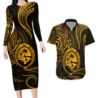 Polynesian Guam Coat of Arms Couples Matching Long Sleeve Bodycon Dress and Hawaiian Shirt Polynesian Tribal Tattoo Gold Version LT9 Gold - Polynesian Pride