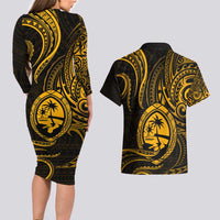 Polynesian Guam Coat of Arms Couples Matching Long Sleeve Bodycon Dress and Hawaiian Shirt Polynesian Tribal Tattoo Gold Version LT9 - Polynesian Pride