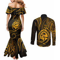 Polynesian Guam Coat of Arms Couples Matching Mermaid Dress and Long Sleeve Button Shirt Polynesian Tribal Tattoo Gold Version LT9 - Polynesian Pride
