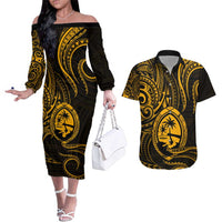 Polynesian Guam Coat of Arms Couples Matching Off The Shoulder Long Sleeve Dress and Hawaiian Shirt Polynesian Tribal Tattoo Gold Version LT9 Gold - Polynesian Pride