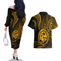 Polynesian Guam Coat of Arms Couples Matching Off The Shoulder Long Sleeve Dress and Hawaiian Shirt Polynesian Tribal Tattoo Gold Version LT9 - Polynesian Pride