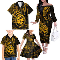 Polynesian Guam Coat of Arms Family Matching Off The Shoulder Long Sleeve Dress and Hawaiian Shirt Polynesian Tribal Tattoo Gold Version LT9 - Polynesian Pride