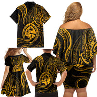 Polynesian Guam Coat of Arms Family Matching Off Shoulder Short Dress and Hawaiian Shirt Polynesian Tribal Tattoo Gold Version LT9 - Polynesian Pride
