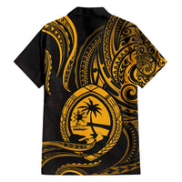 Polynesian Guam Coat of Arms Family Matching Off Shoulder Short Dress and Hawaiian Shirt Polynesian Tribal Tattoo Gold Version LT9 - Polynesian Pride