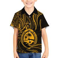 Polynesian Guam Coat of Arms Family Matching Off Shoulder Short Dress and Hawaiian Shirt Polynesian Tribal Tattoo Gold Version LT9 Son's Shirt Gold - Polynesian Pride