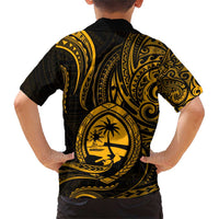 Polynesian Guam Coat of Arms Family Matching Short Sleeve Bodycon Dress and Hawaiian Shirt Polynesian Tribal Tattoo Gold Version LT9 - Polynesian Pride