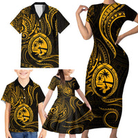 Polynesian Guam Coat of Arms Family Matching Short Sleeve Bodycon Dress and Hawaiian Shirt Polynesian Tribal Tattoo Gold Version LT9 - Polynesian Pride