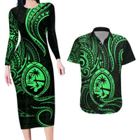 Polynesian Guam Coat of Arms Couples Matching Long Sleeve Bodycon Dress and Hawaiian Shirt Polynesian Tribal Tattoo Green Version LT9 Green - Polynesian Pride