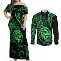 Polynesian Guam Coat of Arms Couples Matching Off Shoulder Maxi Dress and Long Sleeve Button Shirt Polynesian Tribal Tattoo Green Version LT9 Green - Polynesian Pride